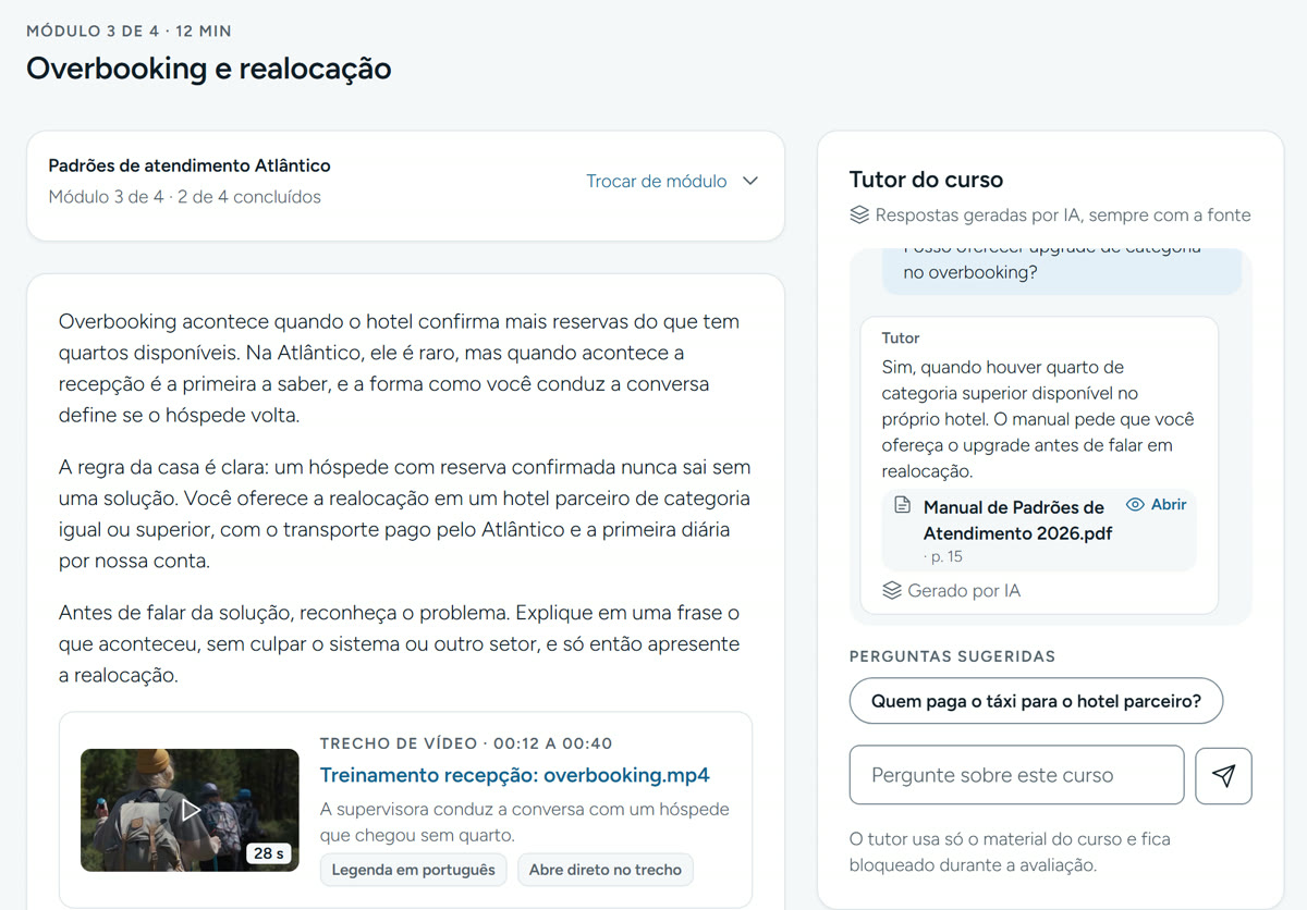 Módulo de um curso no GOALTEC: texto, trecho de vídeo e o tutor respondendo uma dúvida com a fonte